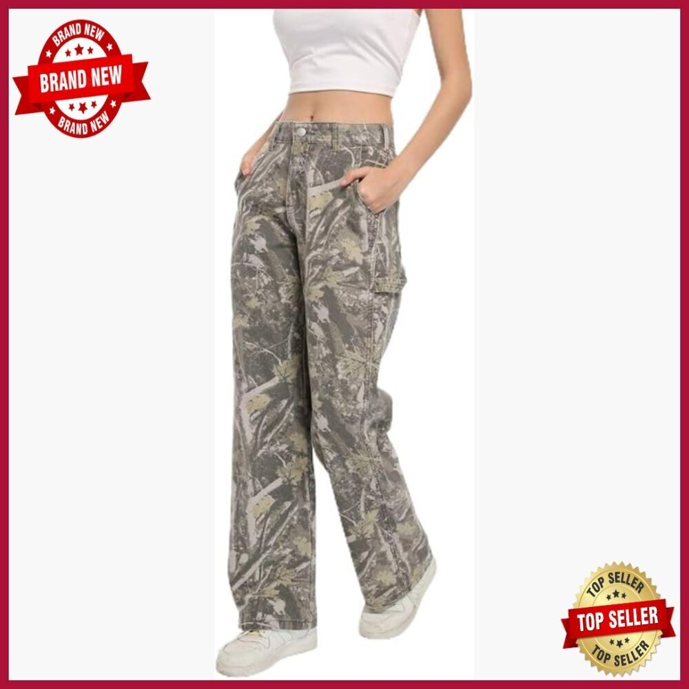 Women's Camo Cargo Pants Wide Leg Cotton Stretch Low Rise 5 Pockets